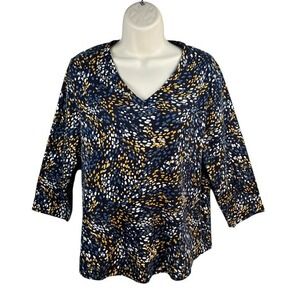 Chicos Top Size 2 Large V Neck 3/4 Sleeve Abstract‎ Pima Cotton Office Casual
